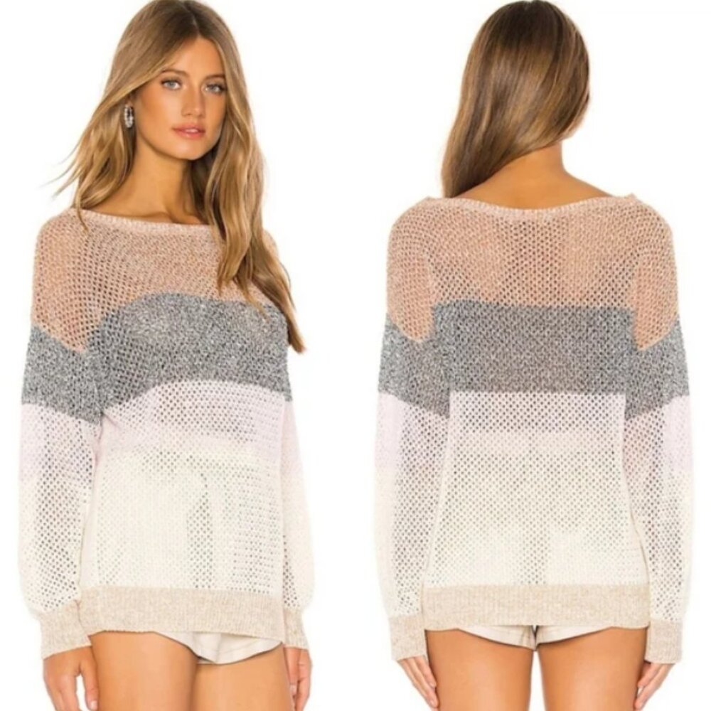 Joie Deroy B stripe open knit oversized sweater tan pink white boatneck Small